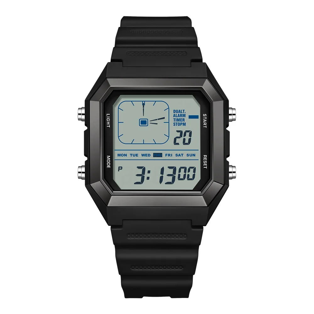 SANDA 6307 ساعة جديدة الإبداعية التناظرية الأيدي مربع مقاوم للماء ساعة إلكترونية ضوء الليل متعددة الوظائف ساعة العد التنازلي reloj