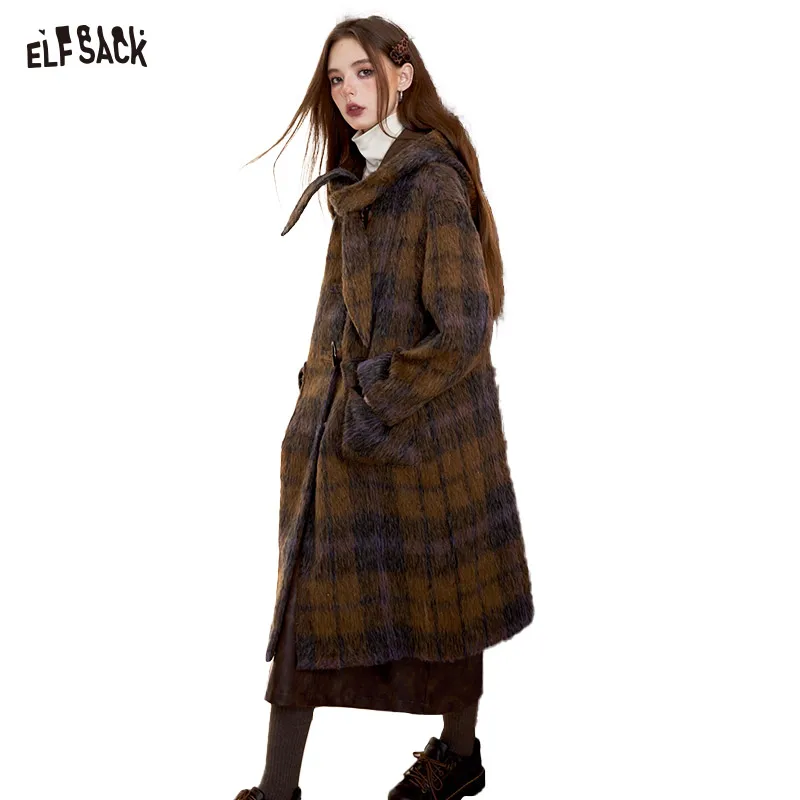 ELFSACK-Manteau Long à Capuche en Laine Marron pour Femme, avec lèvent en Corne, Nouvel Arrivage Hiver 2024