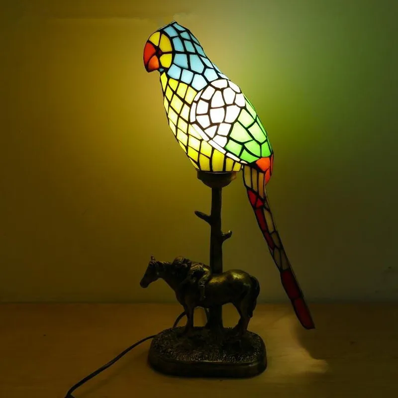 OUFULA  Tiffany parrot Table Lamp Art Living Room Bedroom Children's room Homestay Stained Glass Decoration Desk Lamp