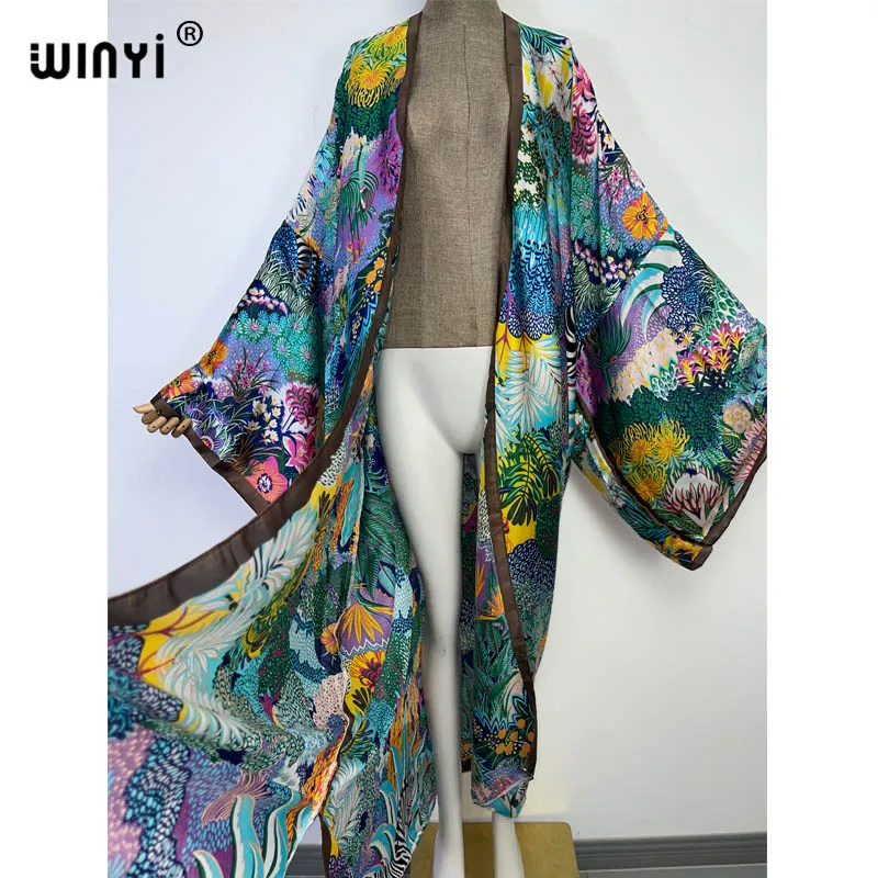 WINYI 2022 Summer Women Cardigan Stitch Cocktail Sexcy Boho Maxi African Holiday Batwing Sleeve Silk feeling Robe kimono kaftan