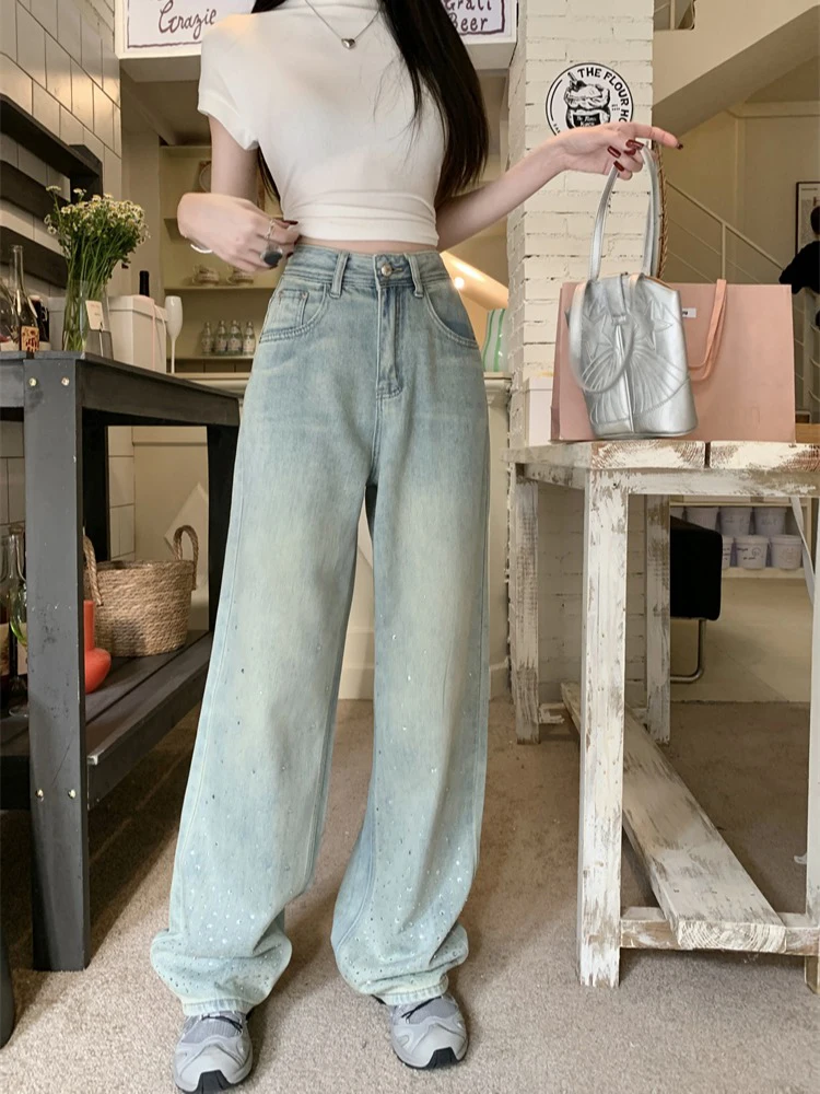 미국 스타일 하이웨이스트 와이드 레그 진 여성용 가을 겨울 신상 플러스 사이즈 슬림핏 스트레이트 롱 팬츠 라인스톤 디자인