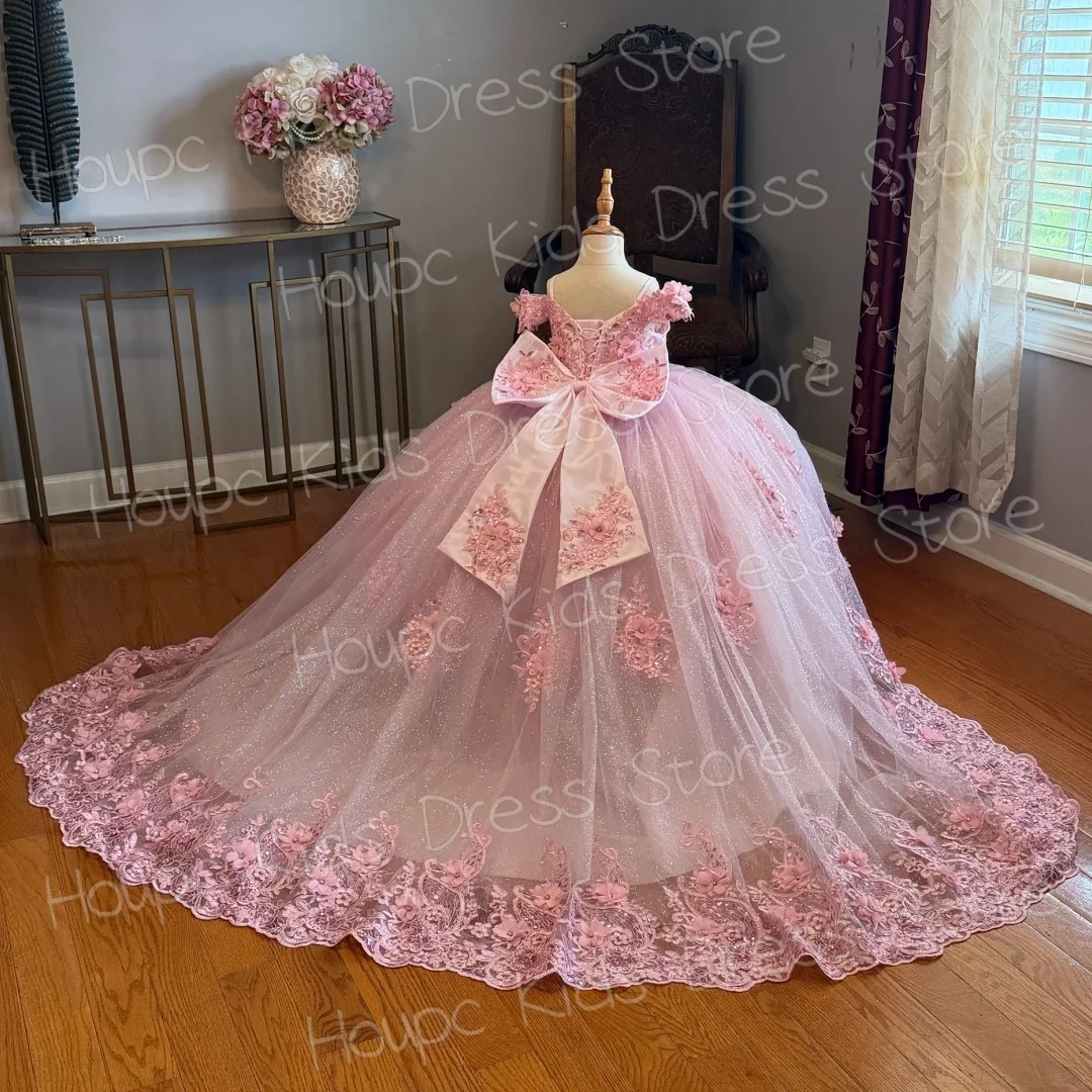 Customized Pink Flower Girl Dresses Tulle Lace Appliques With Bow For  Birthday Party Prom Wedding Banquet Princess Ball Gown