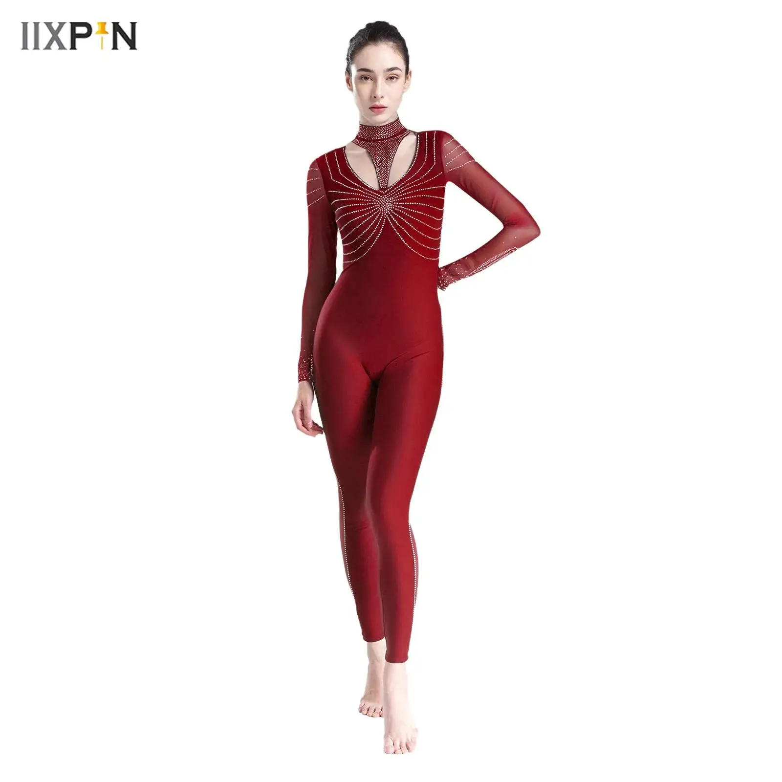 

Women Shiny Rhinestones Gymnastics One Piece Jumpsuit Patchwork Mock Neck Long Sleeve Rompers Bodysuit Skating Dance Jumpsuit