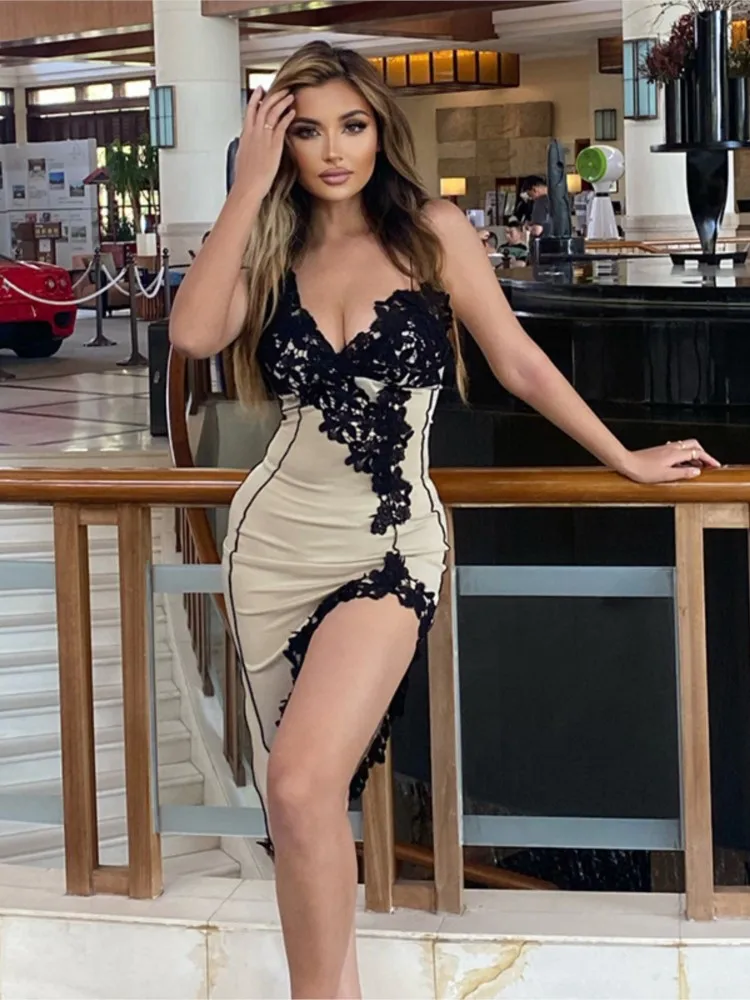 Party Dresses For Woman Sexy Deep V Lace Patchwork Vestidos Package Hip Suspender Evening Dress Spaghetti Strap Contrast Trendy