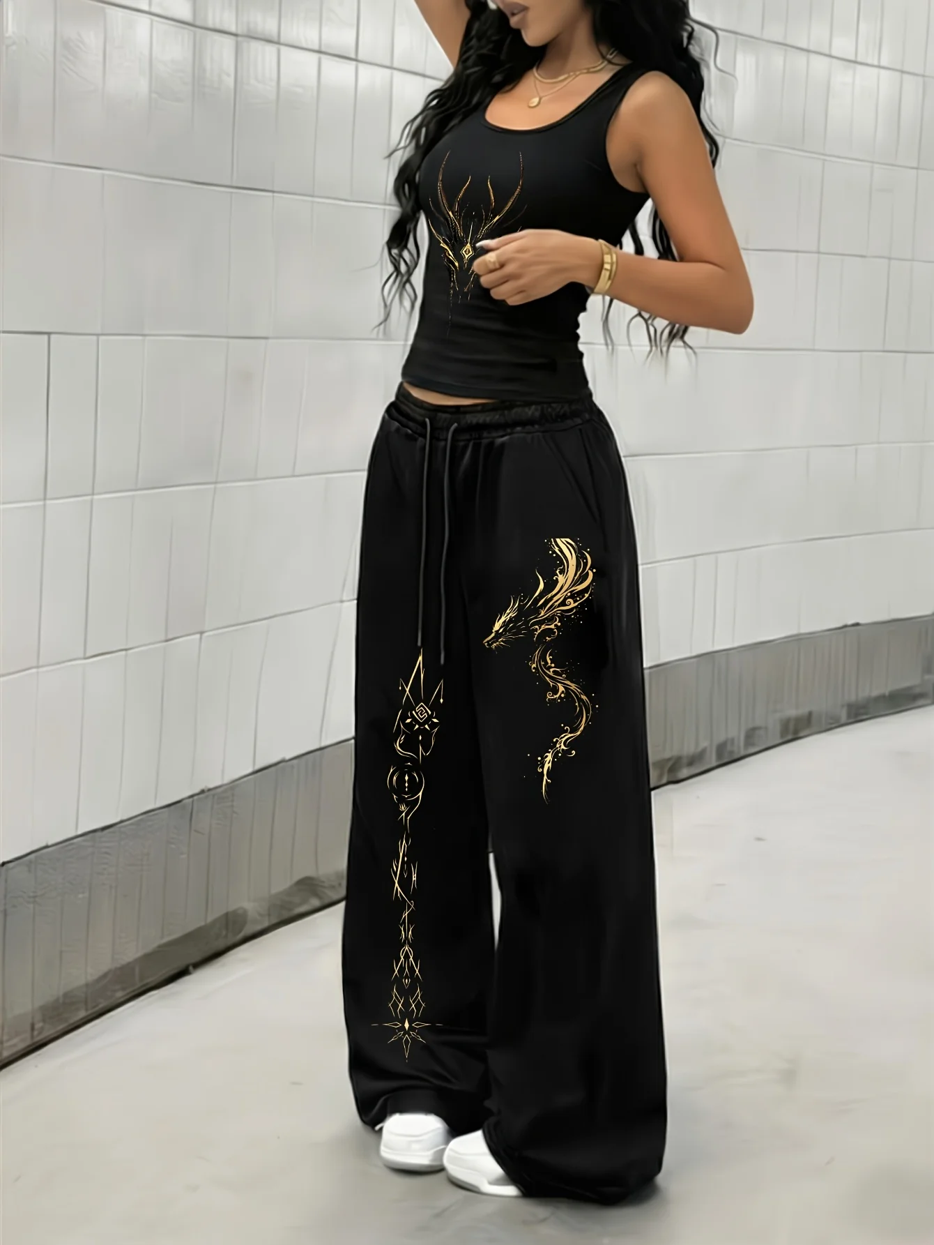 Women's Casual High-Waisted Wide-Leg Pants with Gold Dragon Print – Loose, Drapey Fit for Sports Fitness  sweatpants women