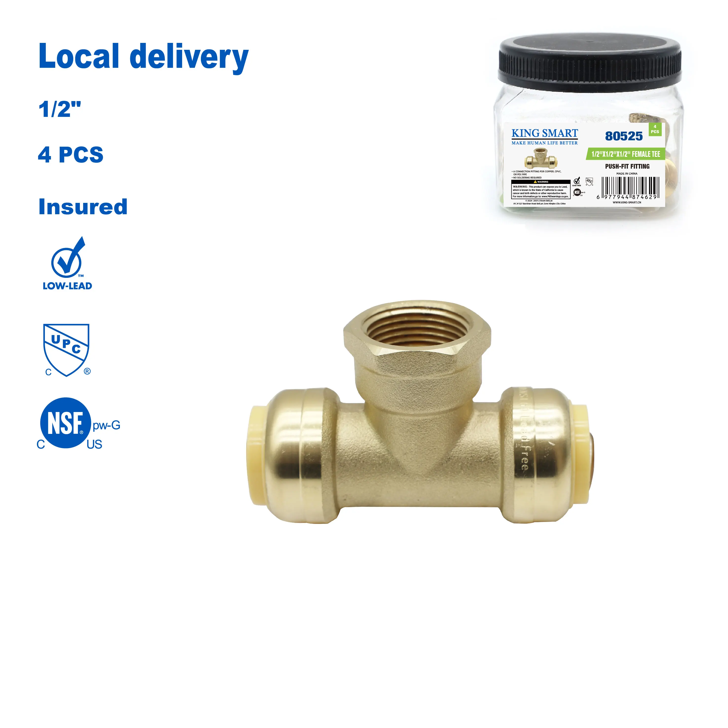 KING SMART  1/2'' PUSH &1/2'' PUSH &1/2''FNPT FEMALE TEE LEAD FREE; 4Pcs/Case; Lead Free Brass; 80525