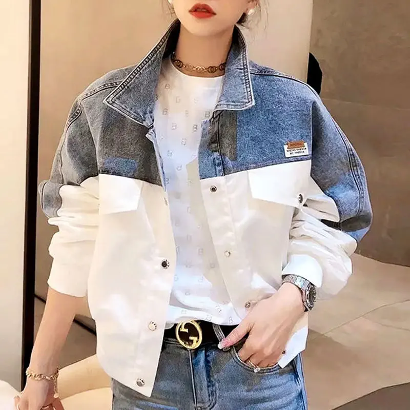 Korean Spliced Denim Coats Women\'s Clothing Long Sleeve Spring Autumn Casual Lapel Letter Fashion Loose Patch Designs Jackets