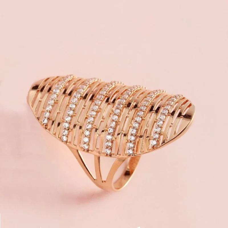 585 purple gold exaggerated diamond inlaid design oval sweet 14K rose gold rings for women high-grade Hollow-out luxury jewelry