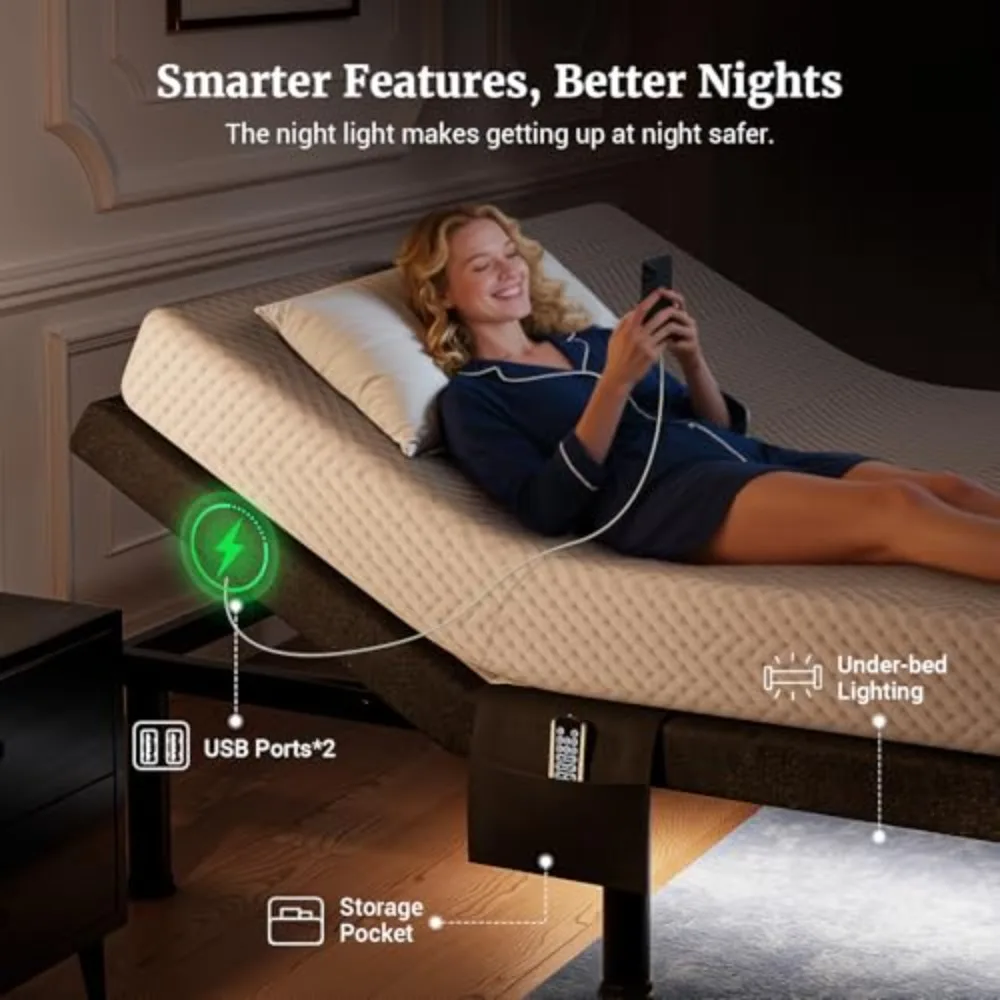 T600 Adjustable Bed Frame Twin XL Size with Remote & Massage - Syncable Electric Beds Bases, Zero Gravity, USB, Side view 6