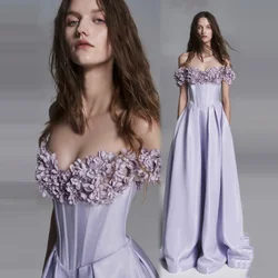 3D Flower Dubai Formal Dress Sweetheart A Line Off Shoulder Long Prom Gowns Satin Back Zip Floral Party Dresses Lavender