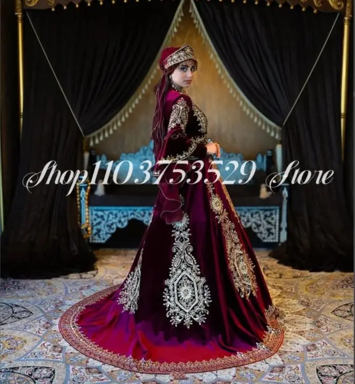 Gorgeous Burgundy Middle Eastern Evening Dresses With Long Sleeve Placket Arabian Bridal Kaftan Ethnic Wedding Dress Customised