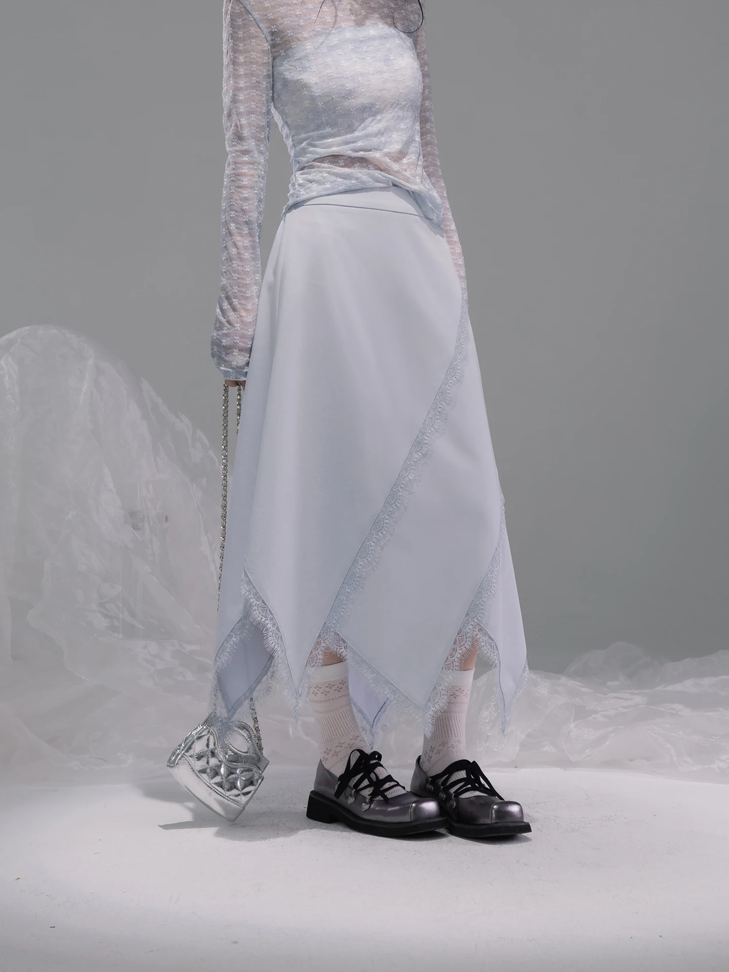 

COTRE Early Spring Cool Tone adow Flowing ey Blue Irregular Lace Splicing f Skirt Ele Asymmetric Midi Skirt for Women