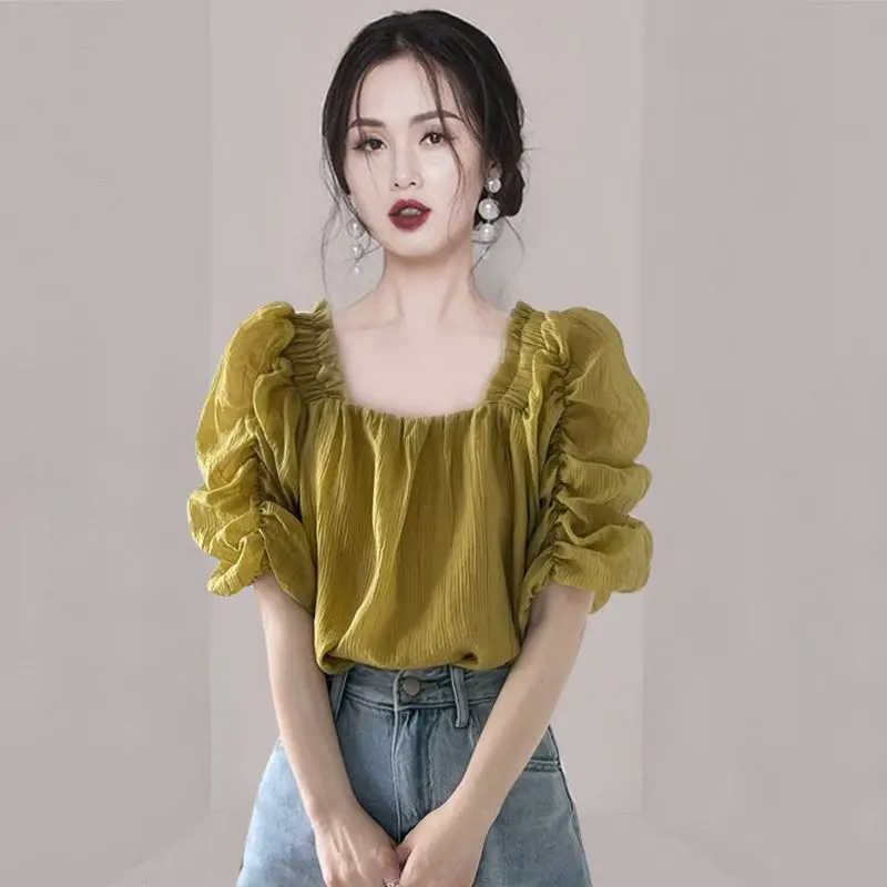 Sweet Square Collar Shirring Ruffles Puff Sleeve Blouse Female Clothing 2023 Summer New Casual Pullovers Office Lady Shirt