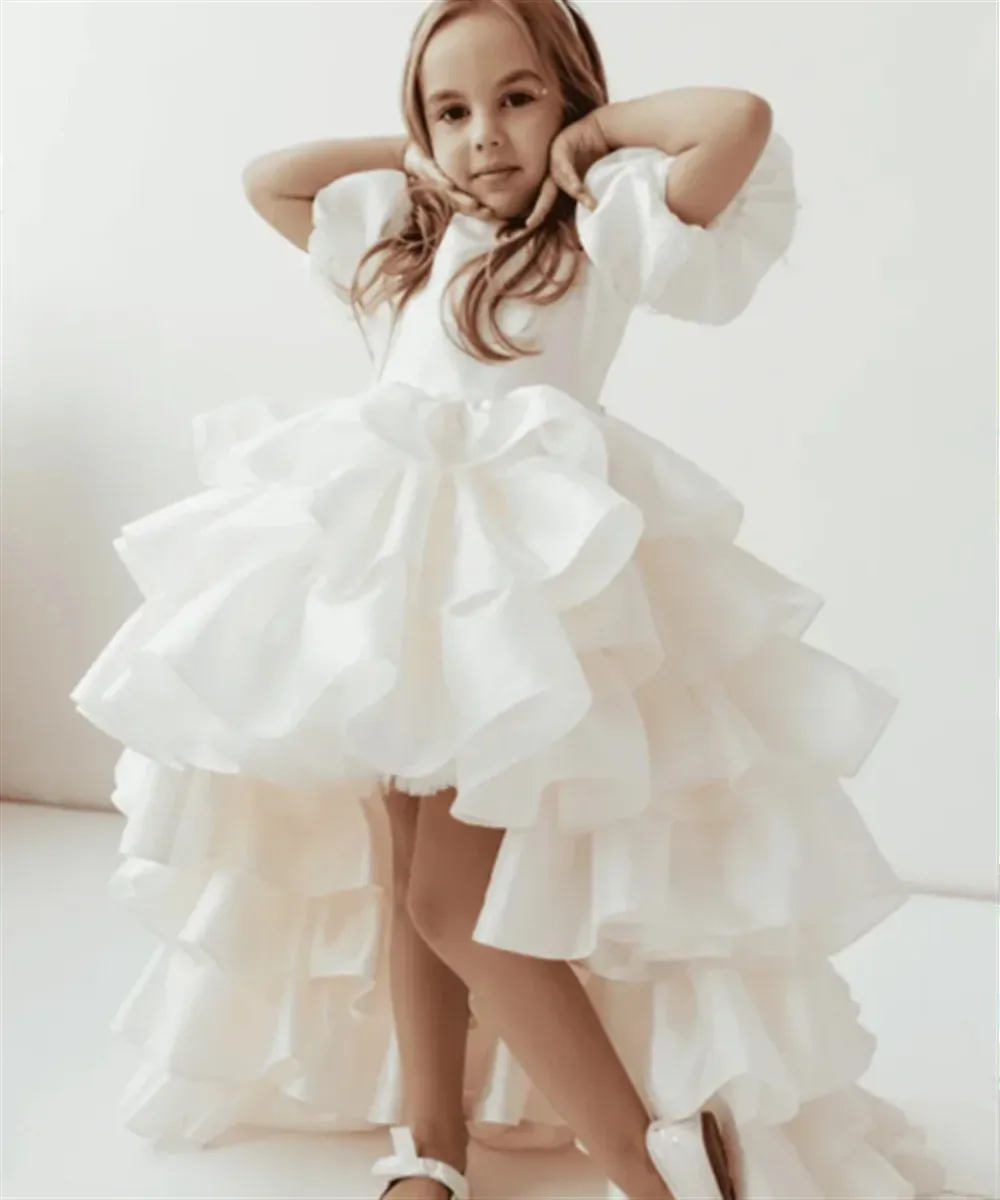 

Cute Flower Girl Wedding Dress Tiered with Bow Puff Sleeves Assymetrical Gown Baby Kids Birthday Evening Party Dress Customized