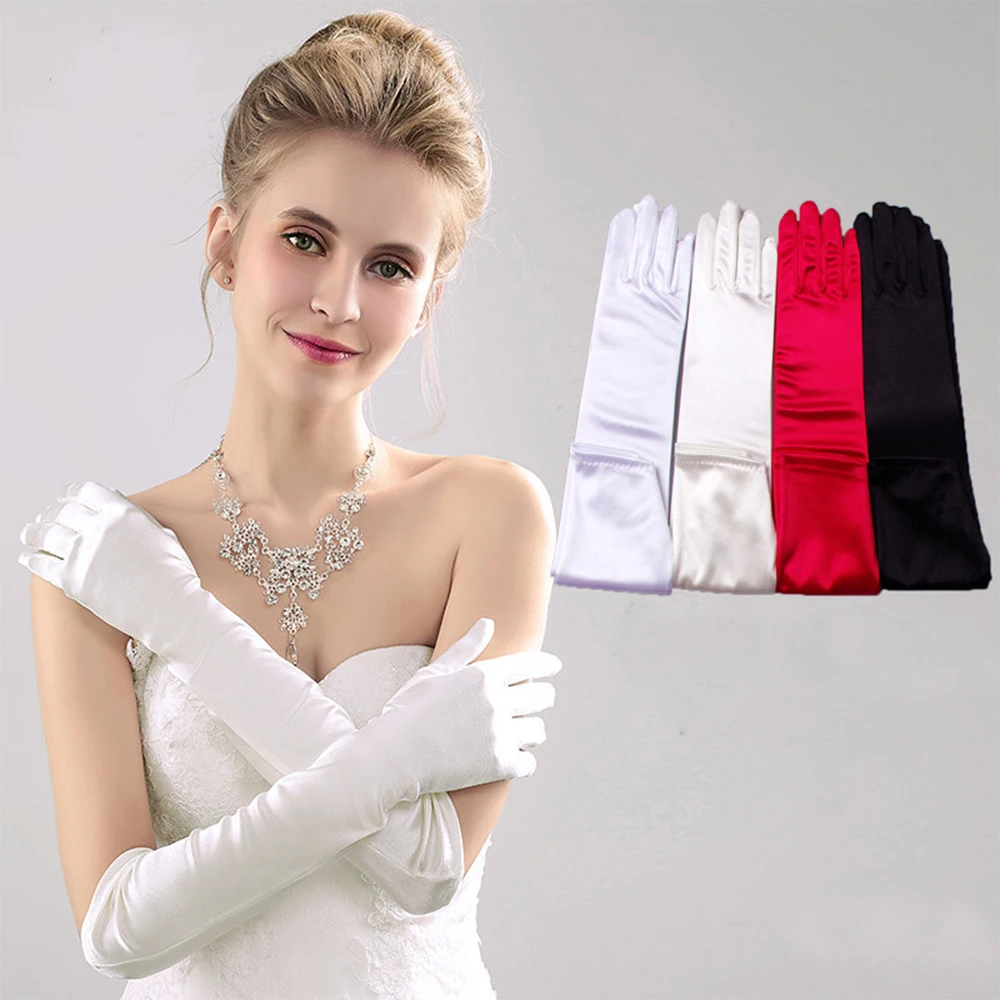 

Christmas party wedding dress performance, wedding banquet decoration, medium long plain high elastic satin wedding gloves