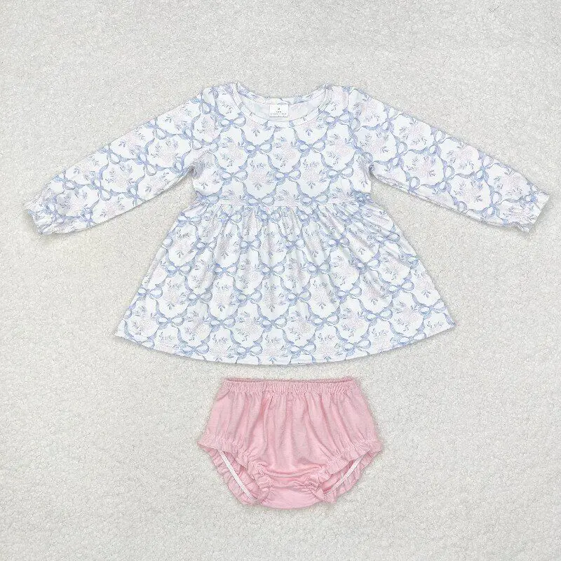 Blue Bows longsleeves Pink shirtsBaby Girls Fall Bummie Set Wholesale RTS Boutique Outfits Kids Autumn Clothing