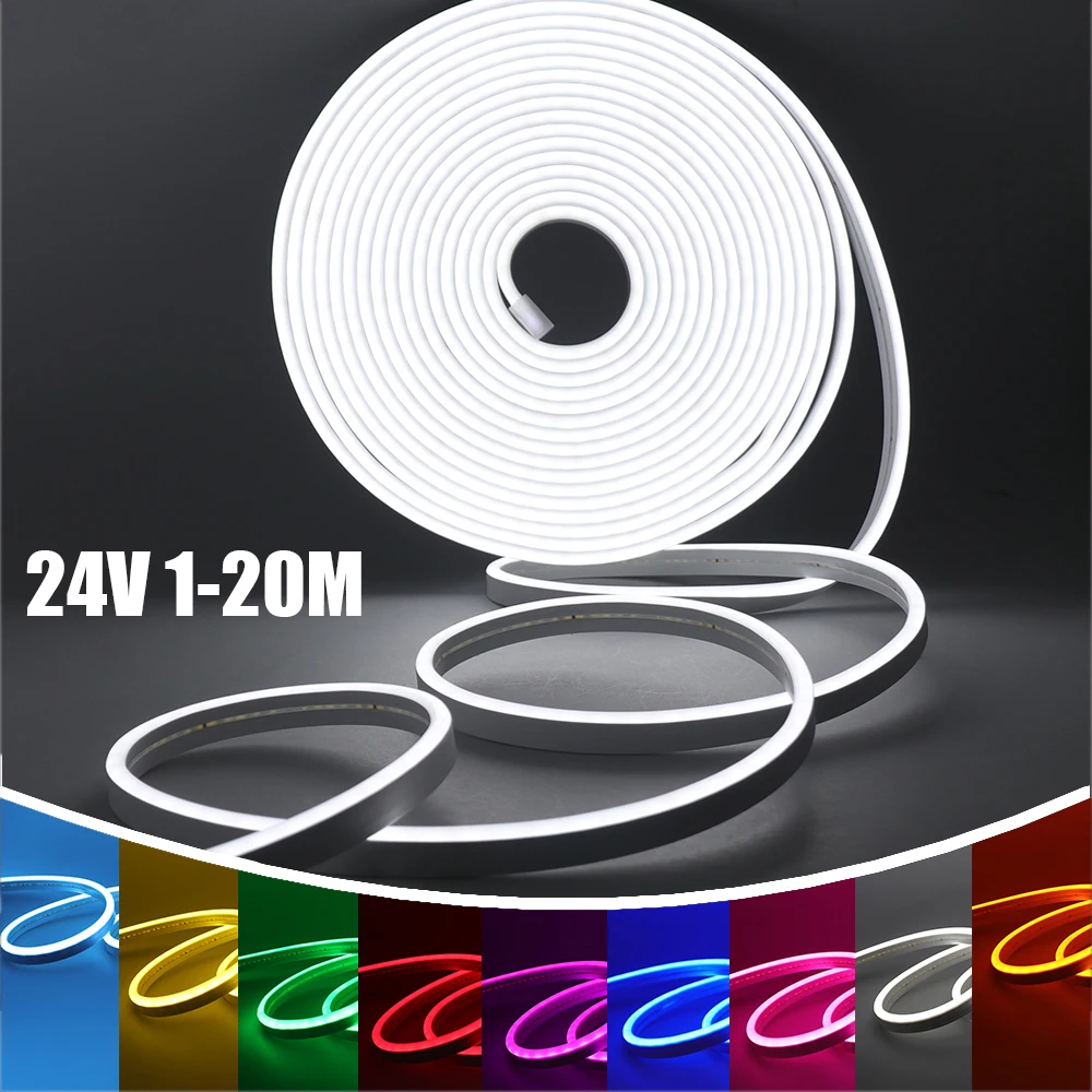 DC 24V Neon Strip IP67 Waterproof 1M 5M 10M 20M TV BackLight Home Decor White/Blue/Pink/Yellow/Green Silicon Tube LED Light