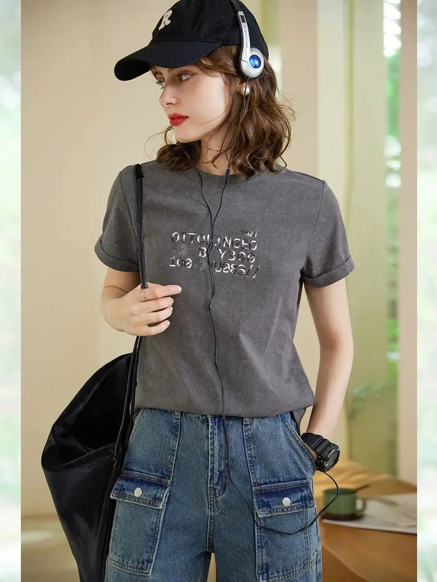 LOUIS YAO Women T-shirt 2024 Summer 100% Cotton Tee Round Neck Short Sleeve Embroidery Letter Loose Fit Casual Basic Women\'s Top