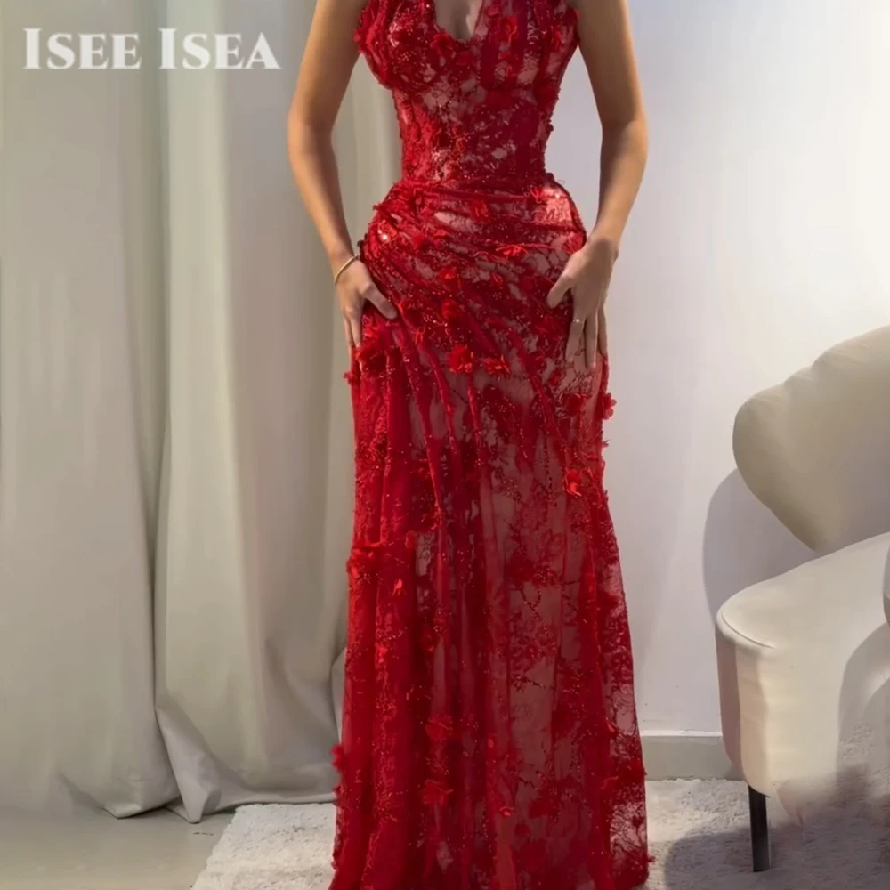 

2025 New Red Evening Dresses Halter Neck Appliques 3D Flower Prom Gown High Split Mermaid Birthday Party Dresses Customized