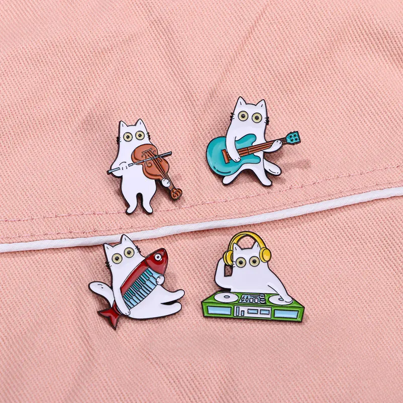 Cute Cats Band Collection Enamel Pins DJ Guitar Bass Kitten Brooches For Pet Lovers Gift