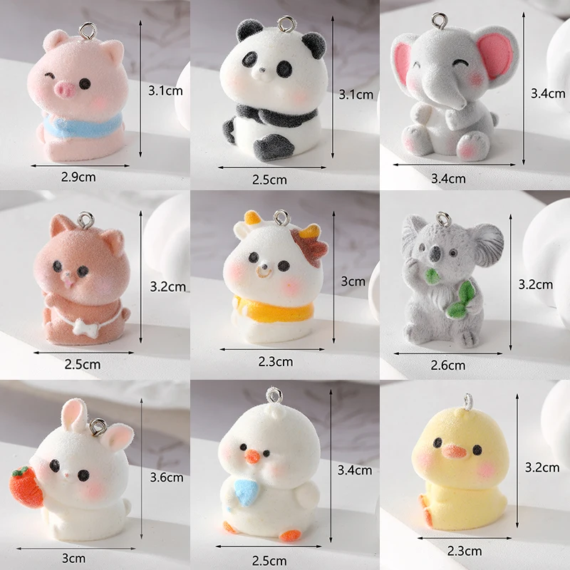 2pcs Kawaii 3D Fluffy Animal Resin Charms Panda Rabbits Koalas Pig Elephant Pendant Diy For Keychains Jewelry Make