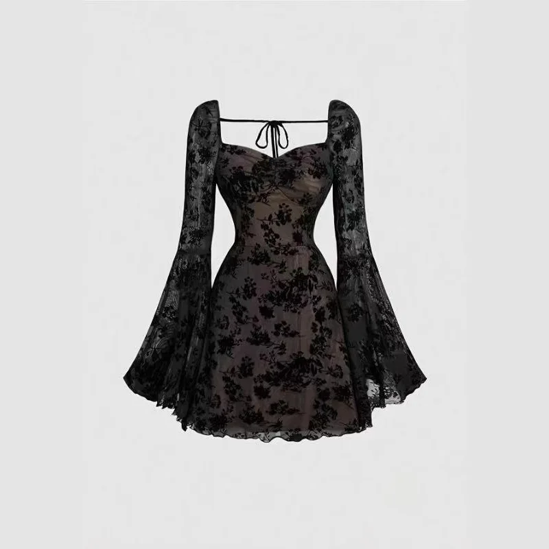 Women's Black Floral Lace A-Line Short Top Skirt