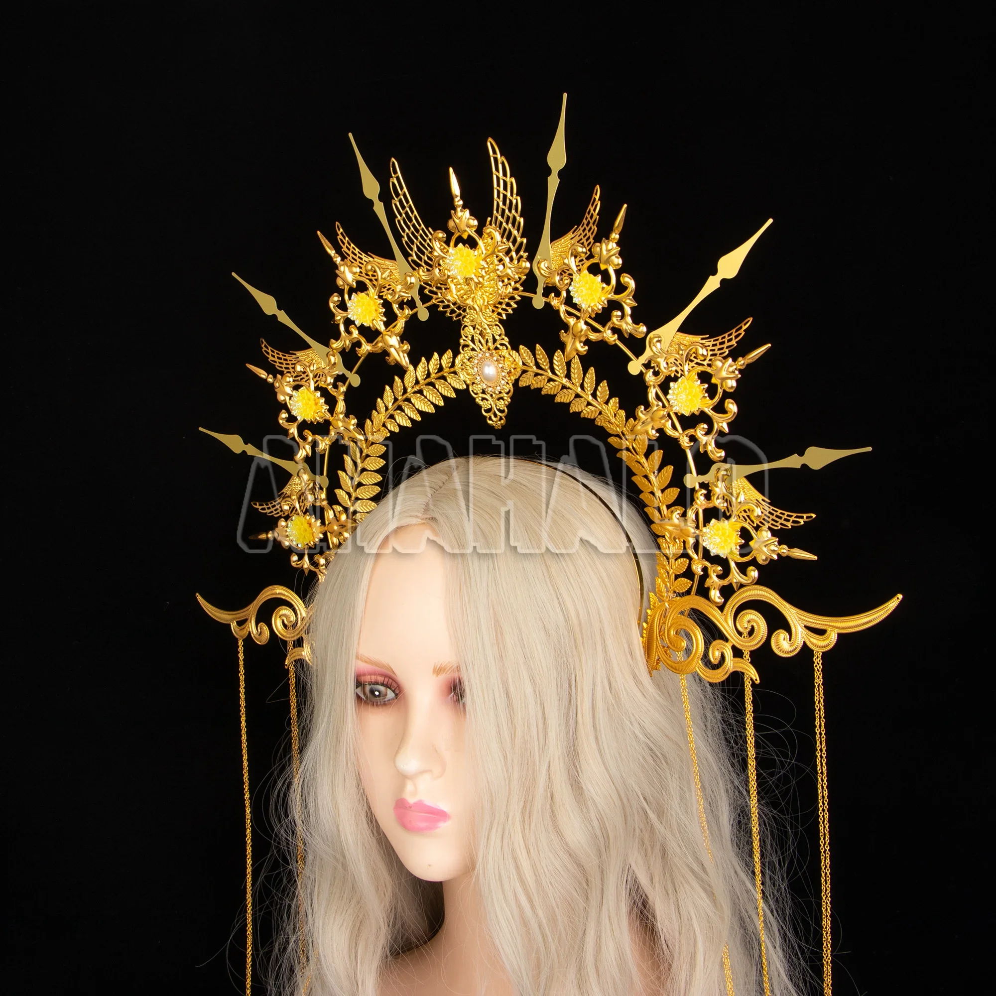 Barock Goldene Halo Krone Stirnband Sonne Halo Göttin Krone Party Kirche Kopfbedeckung Frauen Mädchen Lolita Übertriebene Kopfbedeckung