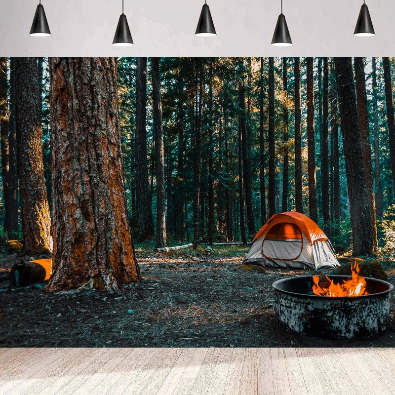 Autumn Forest Camping Photography Backdrop Sunset Bonfire Outdoor Travel Hiking Camp Tent Pine Woods Background Wall Poster