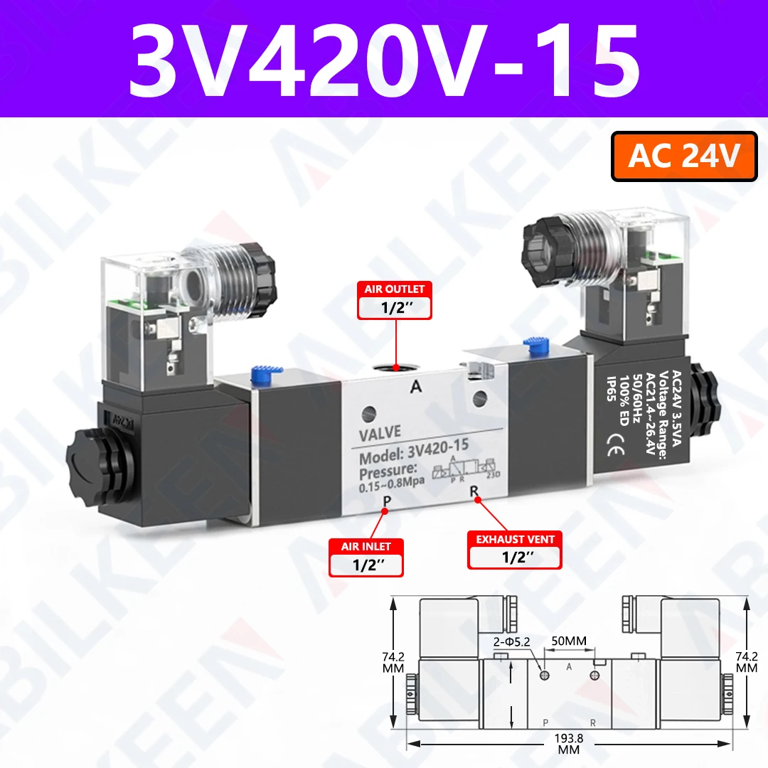 

ABILKEEN 3V420-15 Air Solenoid Valves PT1/2'' 3 Way 2 Position Dual Electrical Control Normally Closed Pneumatic Solenoid Valve