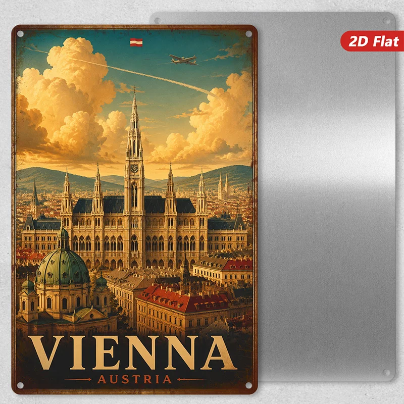 2D Flat, 1pc Vienna Travel Poster Metal Sign Wall Art, Vienna Austria Text, Grand Gothic Landmark,