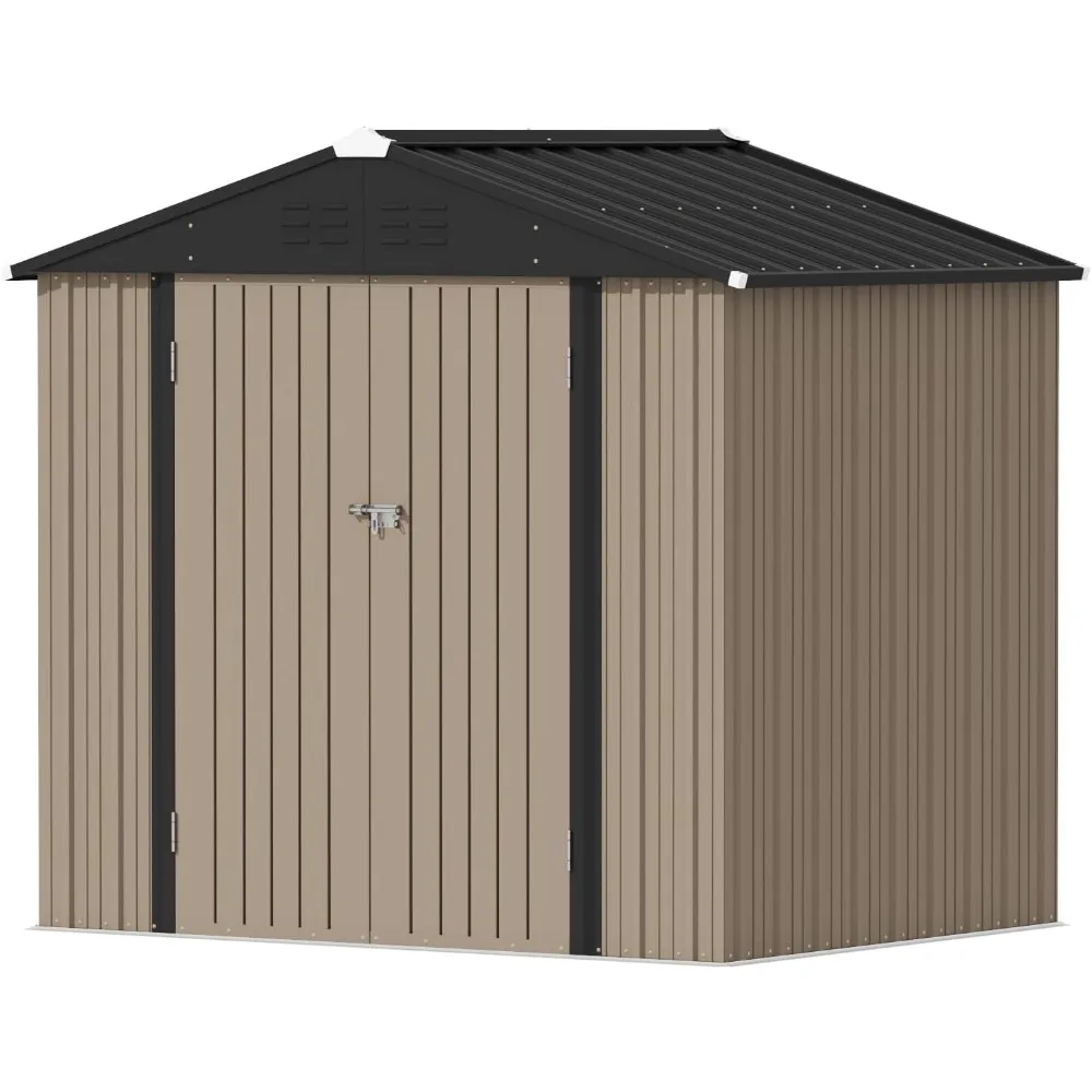 Cobertizo de jardín de metal con cerradura, acero, casa de almacenamiento anticorrosión, puerta única, almacenamiento exterior con cerradura, marrón, 6x8 pies