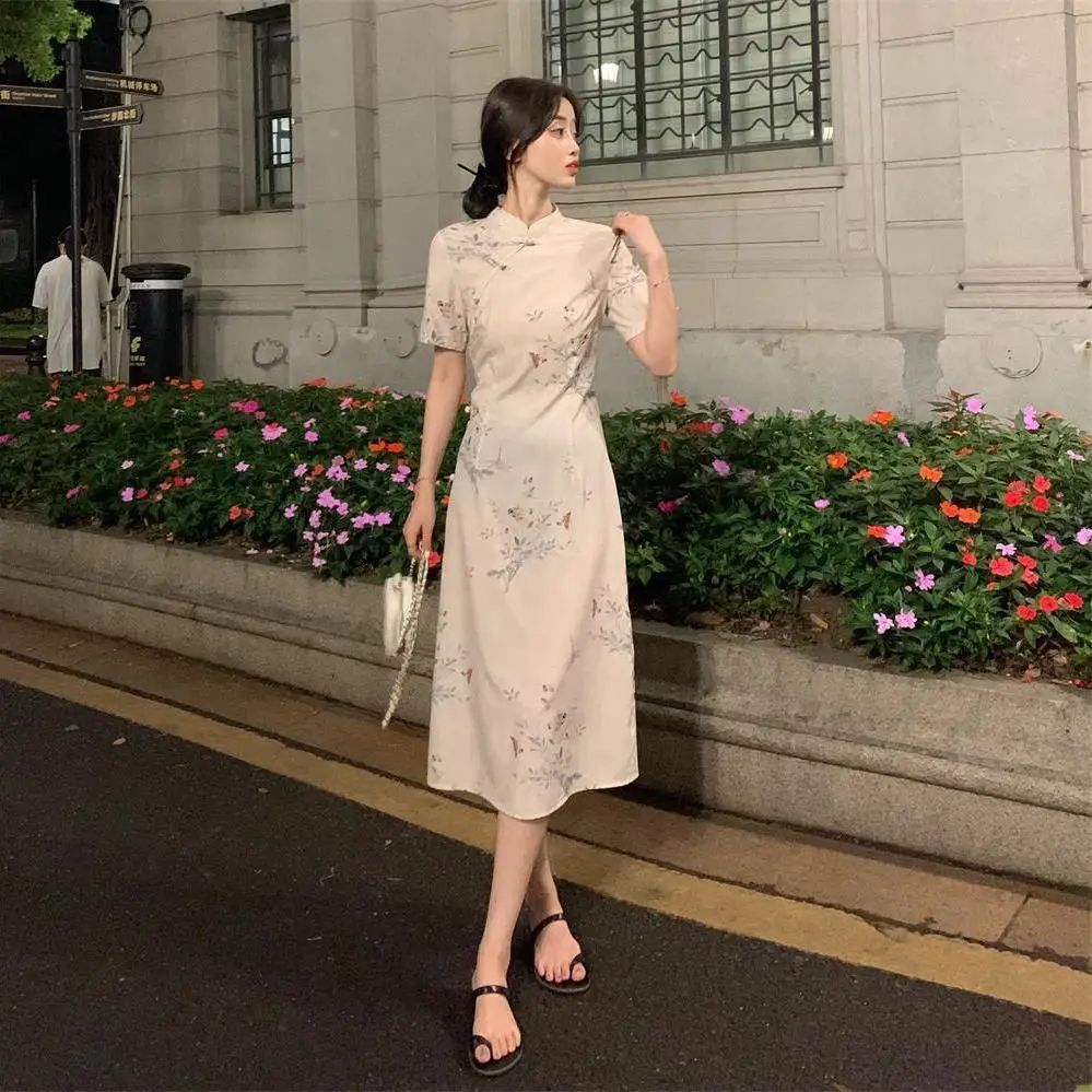 Improved Qipao Women's Summer 2024 Young Girl's Waist Waist Slimming Modern Chinese Dress Printing Party Dresses Cheongsam New