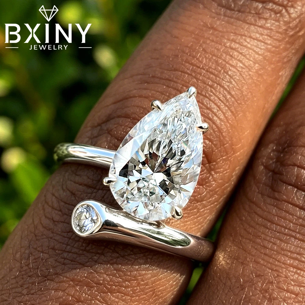 

BXINY 2/3Carat Pear Cut Moissanite Rings S925 Sterling Silver for Women WaterDrop Solitaire Twist Curved Band Gifts Fine Jewelry