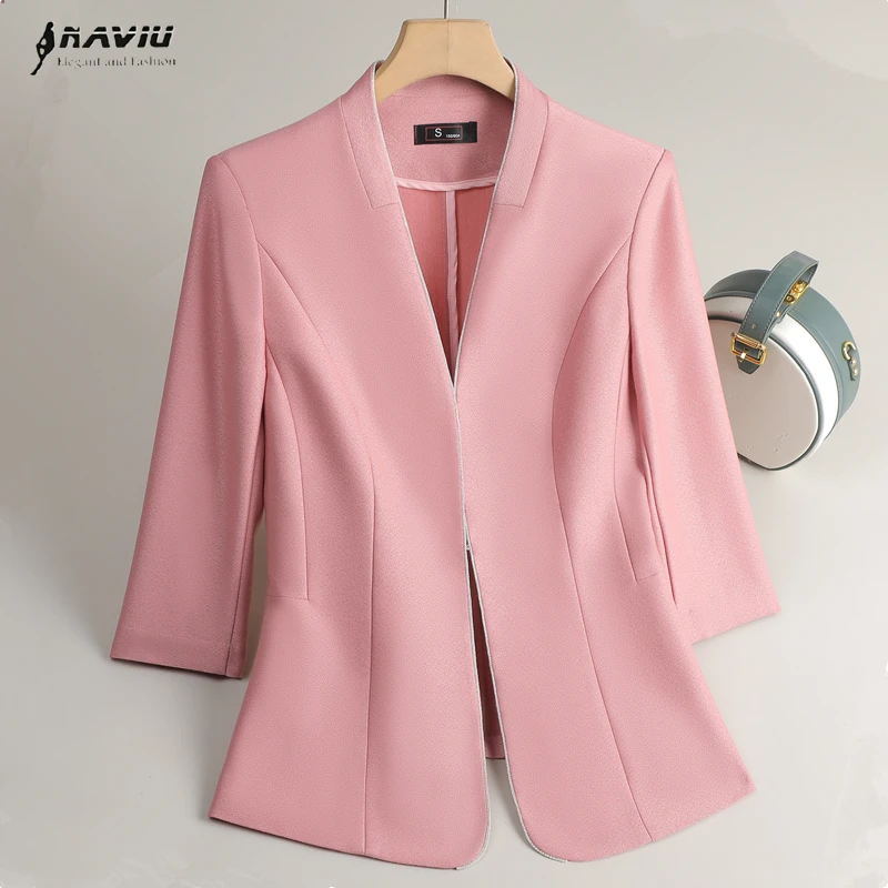 

NAVIU Spring Summer Women Blazer New Fashion Half Sleeve Thin Office Ladies Suit Jacket Pink Black Apricot Work Coat
