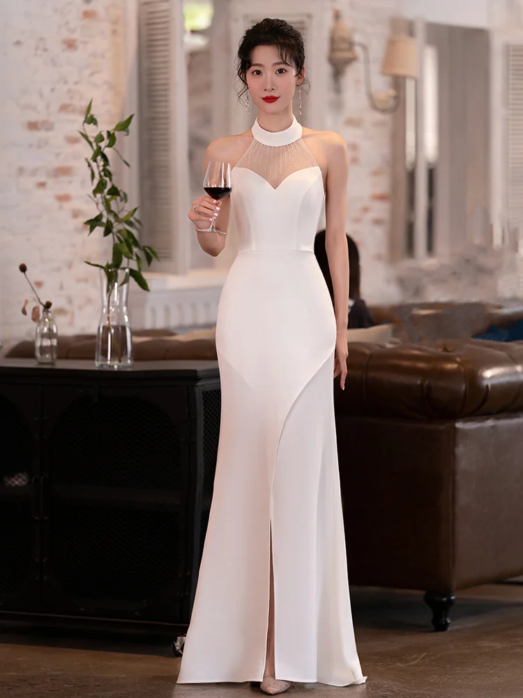 White Evening Dress for Women 2023 New High End Light Luxury High Grade Feeling Temperament Celebrity Annual