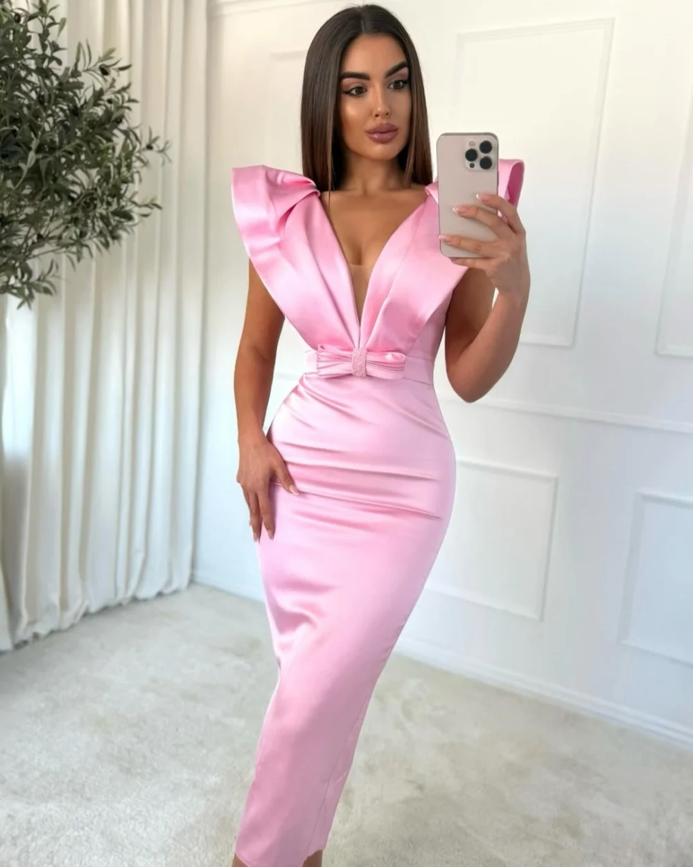 

Customized Modern Style Fashion Charmeuse Bow Ruched Mermaid V-neck Tea Length Dresses Bespoke Occasion Dresses High Quality