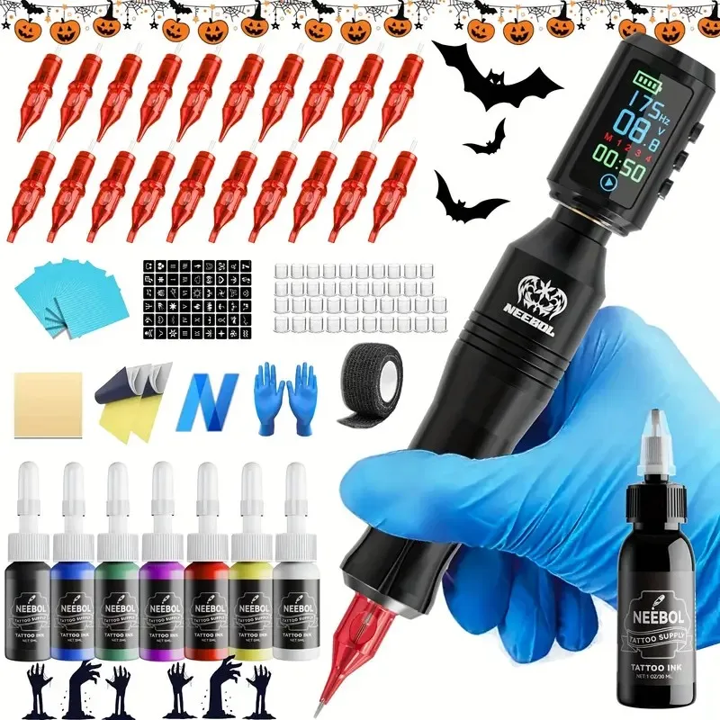 

Полный набор татуировки, роторная машина, беспроводная ручка для татуировки Neebol, пистолет для татуировки, 10 чернил, 20 игл для картриджей, подарок для макияжа тела