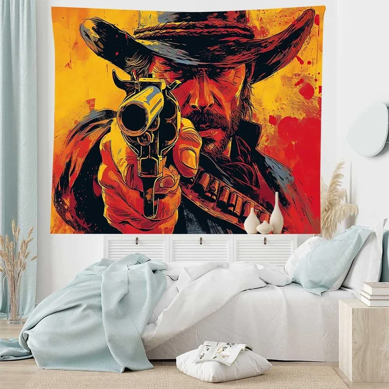 VIKAMA Western Cowboy Tapestry Vintage Gunslinger Aiming Revolver Red Yellow Pop Art Wall Hanging Retro Wall Art Room Decor