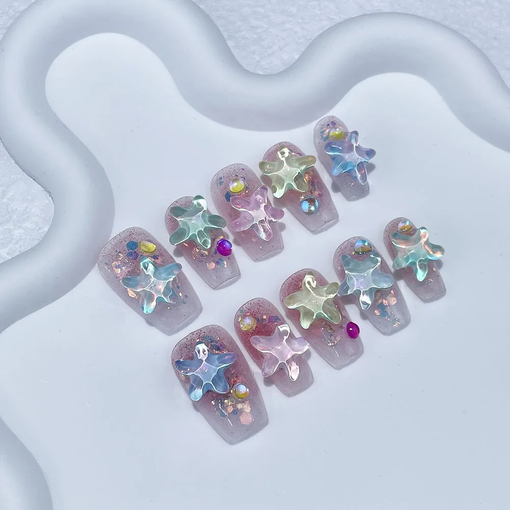 

10Pcs Handmade Press on Nails Mocha Water Ripple Starfish Full Coverage Nail Tip for Women&Girl Summer Detachable Wearable Nail