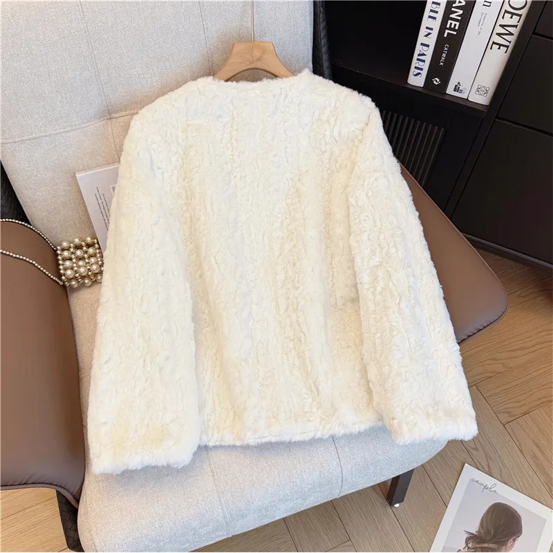 White Faux Lambswool Fur Jacket Autumn Winter Women Short Coat Round Neck Single-Breasted Long Sleeve Female Fake Fur Outerwear