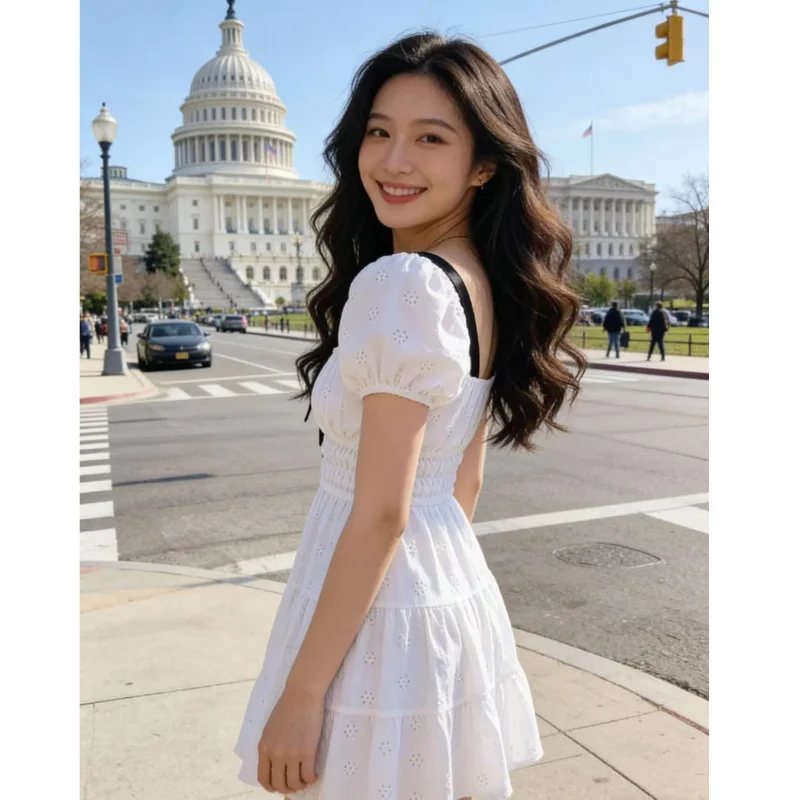 

Summer new French style petite square-neck puff sleeve gentle style first love princess dress, sweet and slimming