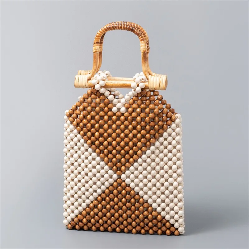 

Праздничная сумка с деревянными бусинами и цветными блоками, тканая бамбуковая ручка в стиле бохо, женская пляжная сумка-тоут, экологически чистая сумка для отпуска