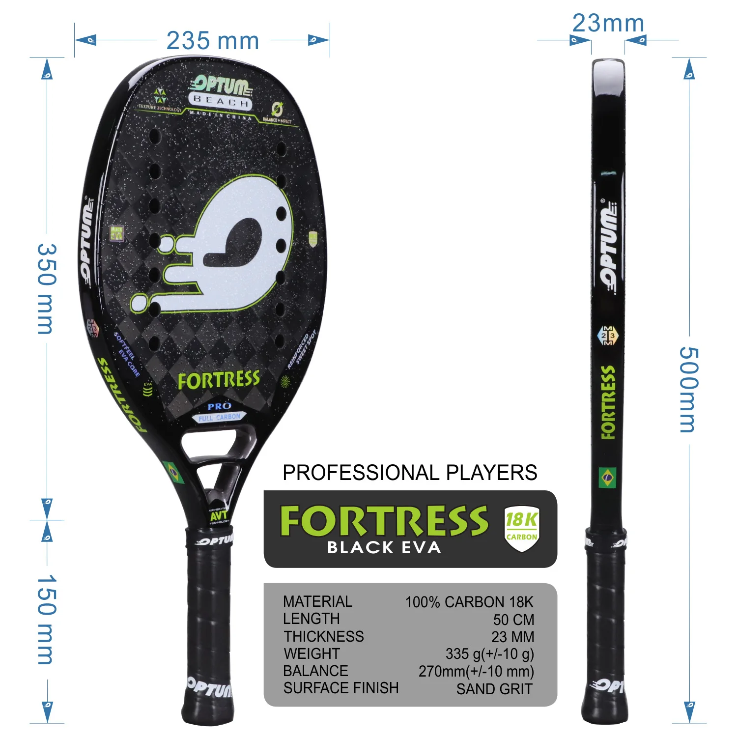 OPTUM FORTRESS 18K Carbon Fiber Rough Surface 14 Holes Beach Tennis Racket With Cover Bag