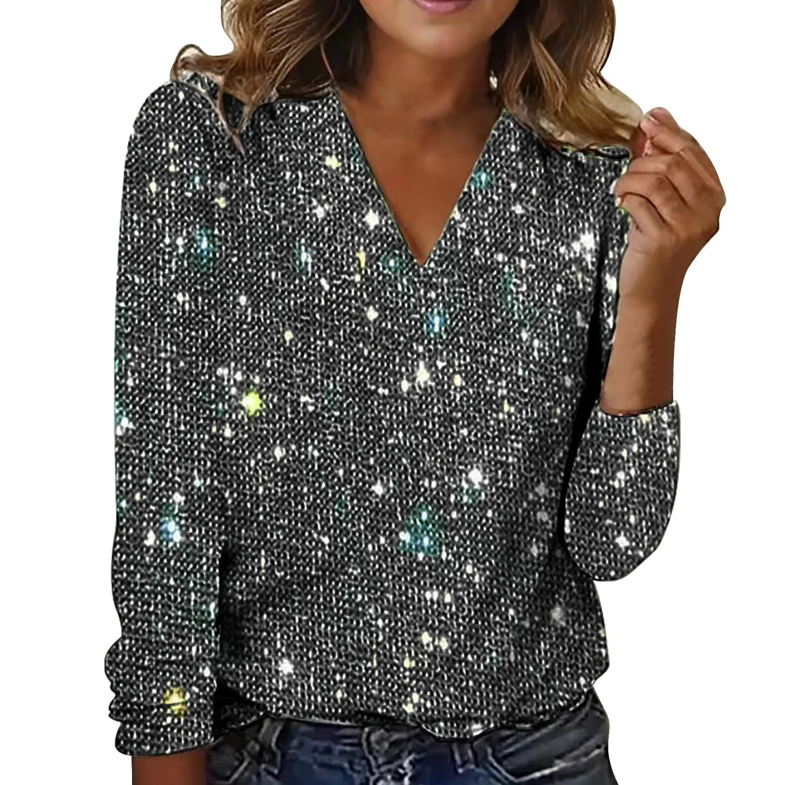 Elegant Women Blouse Sequin V Neck Long Sleeve Blouse Soft Pullover for Women Breathable Fashion Commute Club Party Shirt Top