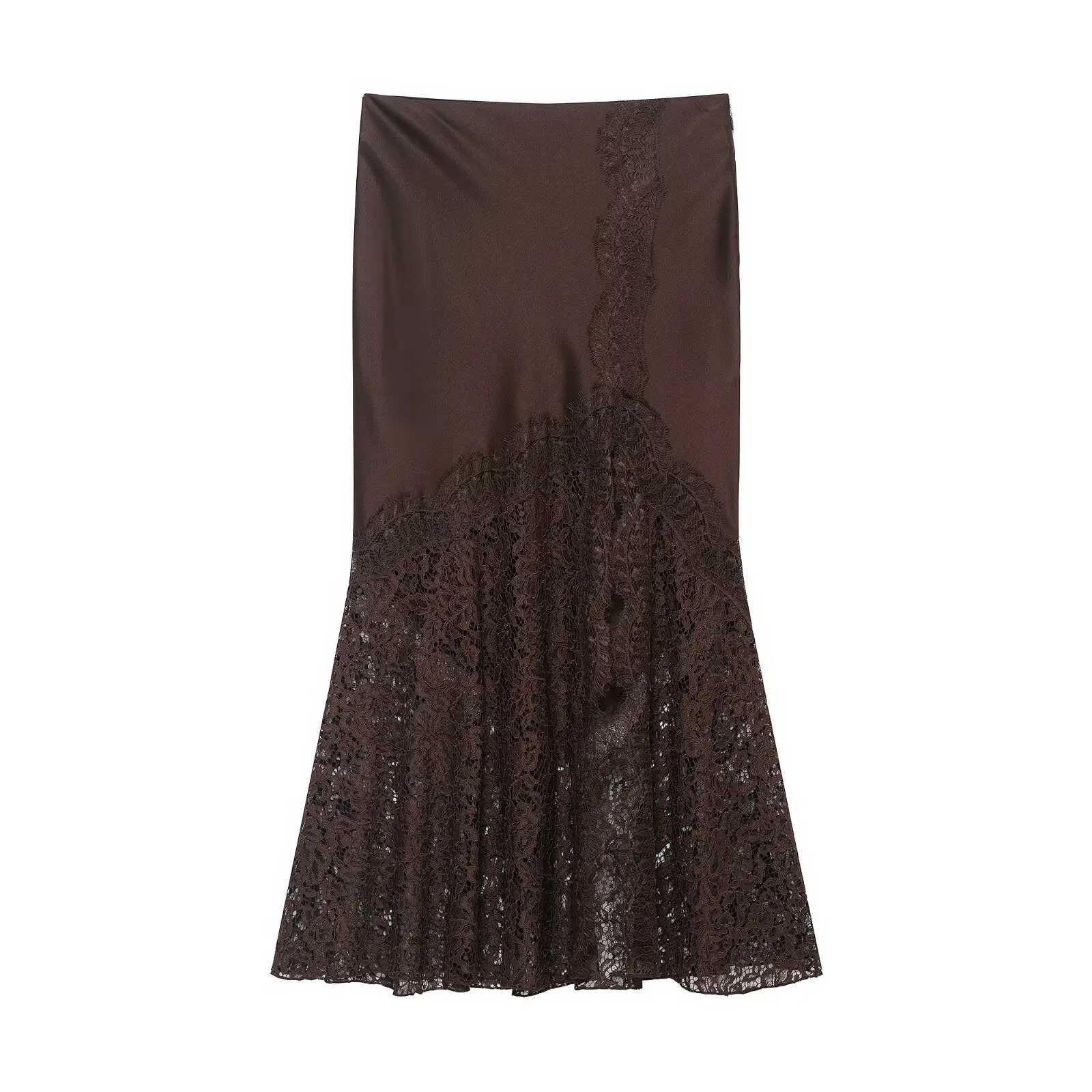 Herbst Neuheit: Eleganter Brauner Satin-Midirock mit Spitzenbesatz und Reißverschluss für Damen – Schicker Party- und Clubrock – Detail 3
