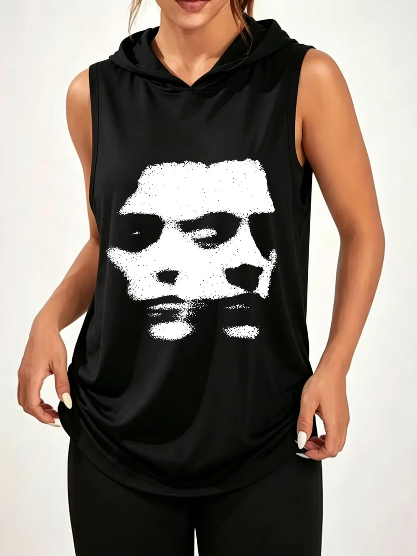 Unisex Abstract Double Face Distressed Print Sleeveless Hooded Tank Top Dark Grunge Casual Hood Vest