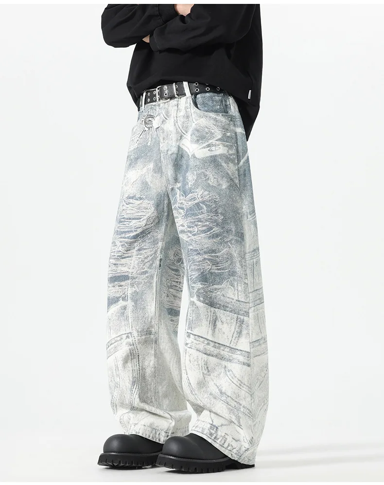 2026 Fashion Men‘s Women's 3D Chain Printed Contrast Color Jeans Niche Design High Waist Casual Denim Pants Female Trendy  Male