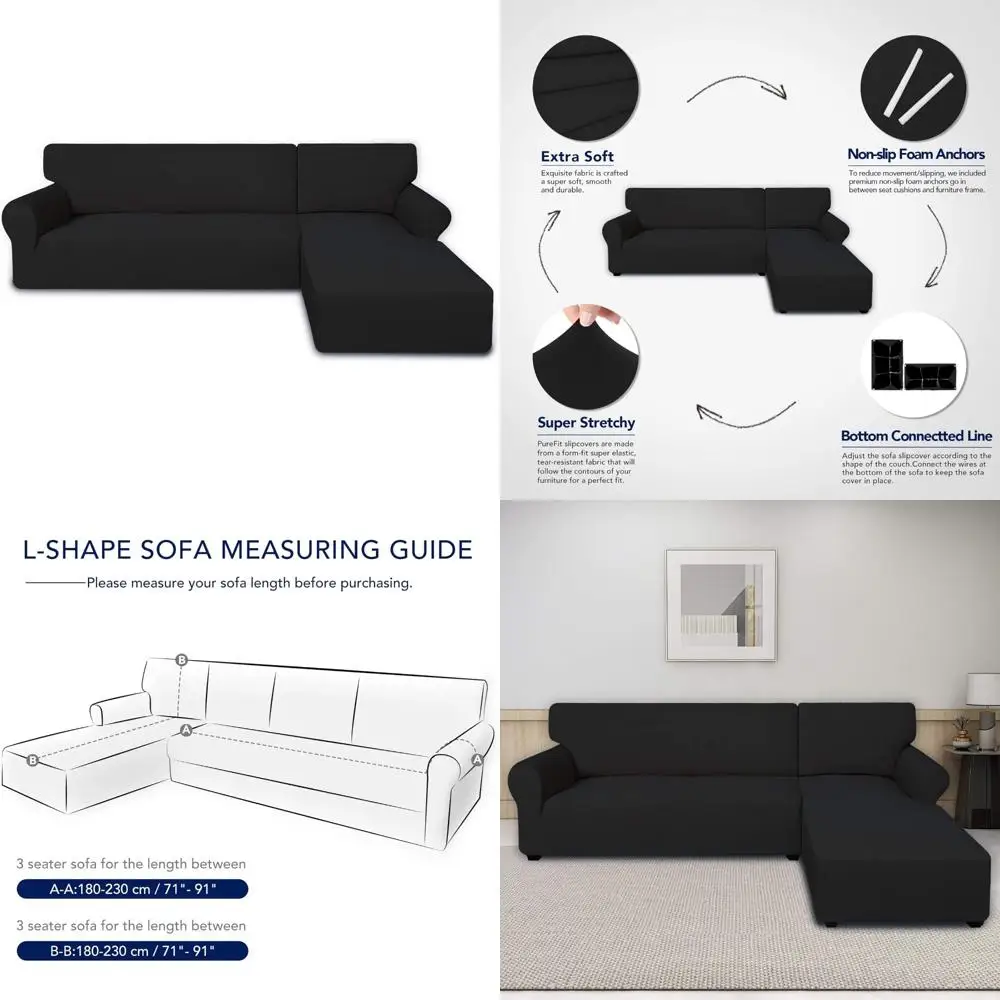 

Stretch Spandex Sofa Covers for L-Shape Sectional Couches - Non-Slip Elastic Bottom, 2 Piece Set