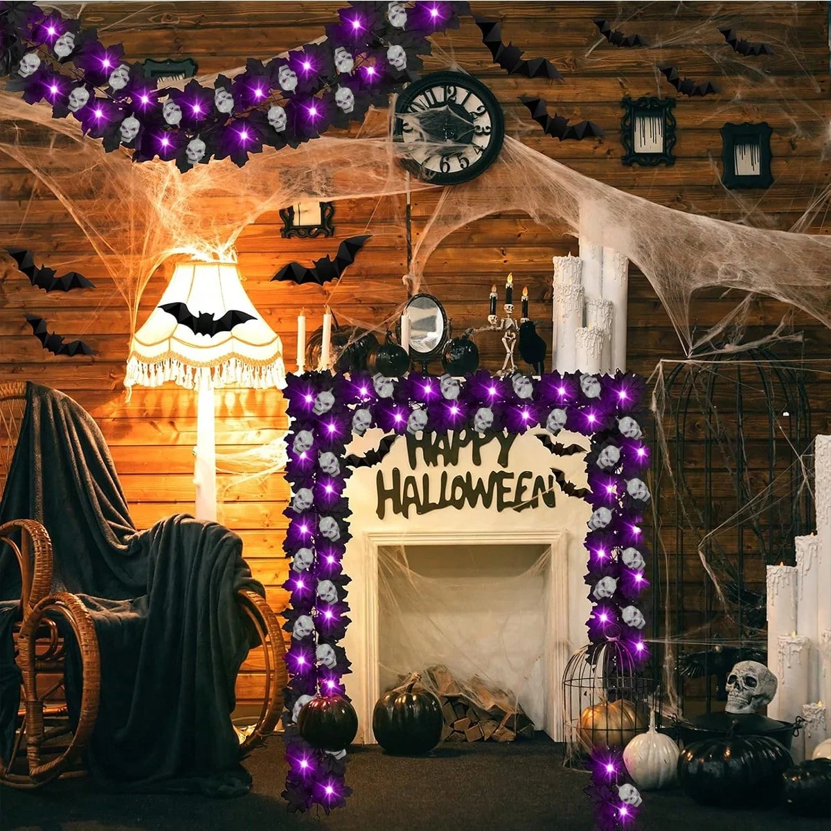 1pc 20 LED Halloween Horrible Atmosphere Fall Black Maple Leave Vines Light With 6 Skull Battery Powered Hanging DIY Decorative