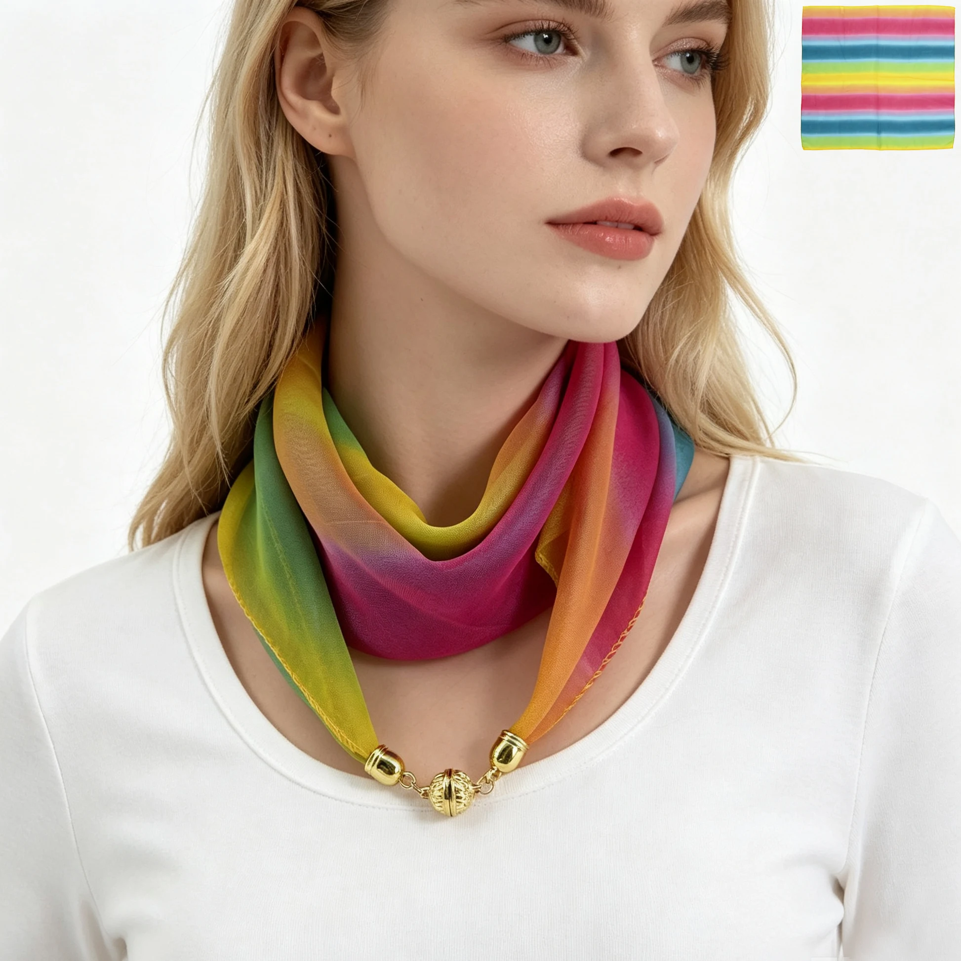 Farbverlauf Regenbogen-Streifen Karierter Farbblock Kontrast Magnetverschluss Halstuch Bedrucktes Dekoratives Halstuch Vielseitiges Halstuch – Detail 7